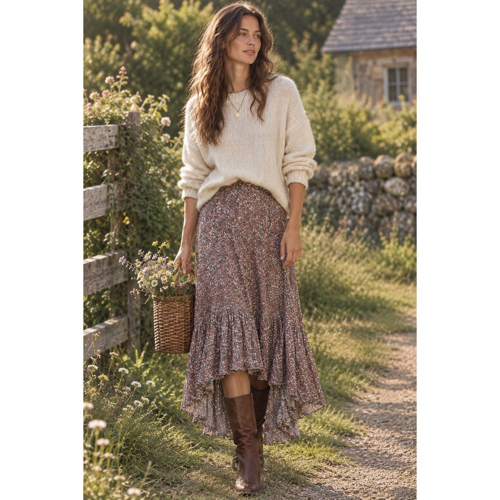 Anthropologie Lili's Closet Floral Cottagecore Pleated Maxi Skirt Large High-Low